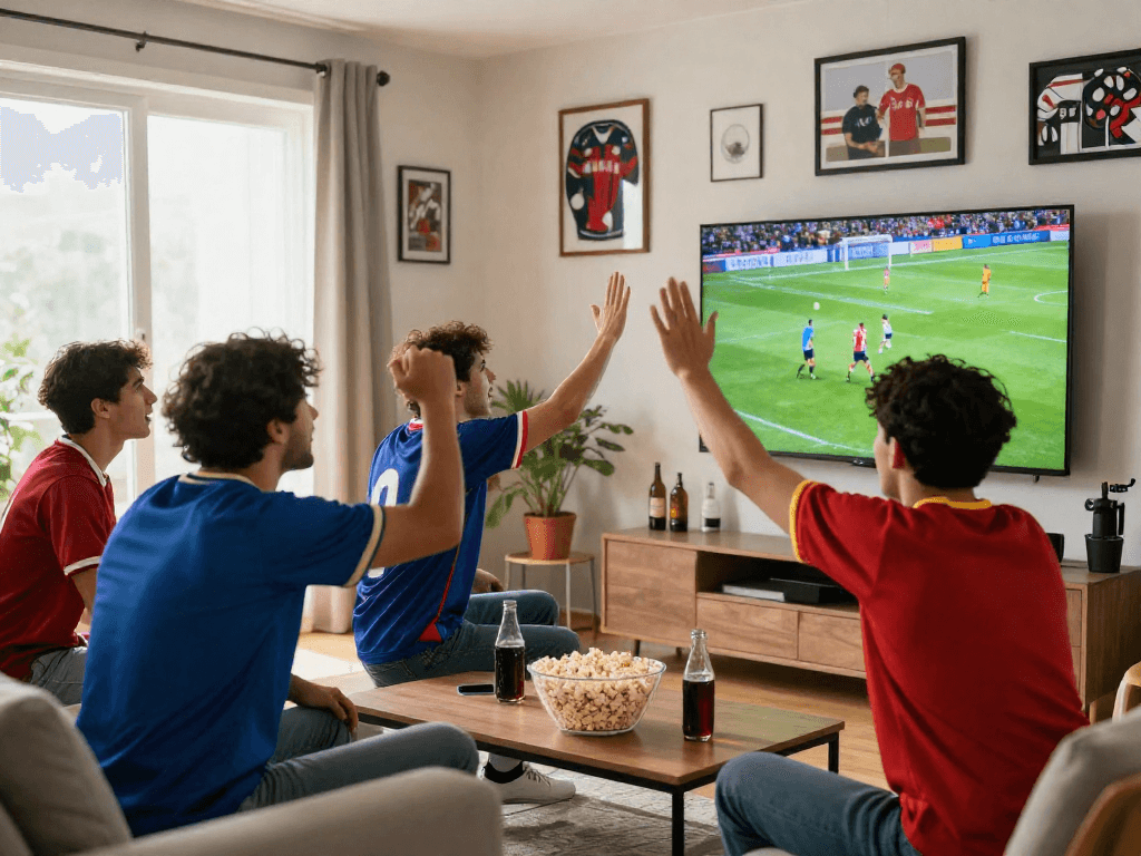 Fans celebrating a football match on RakhoiTV in a lively living room setting.