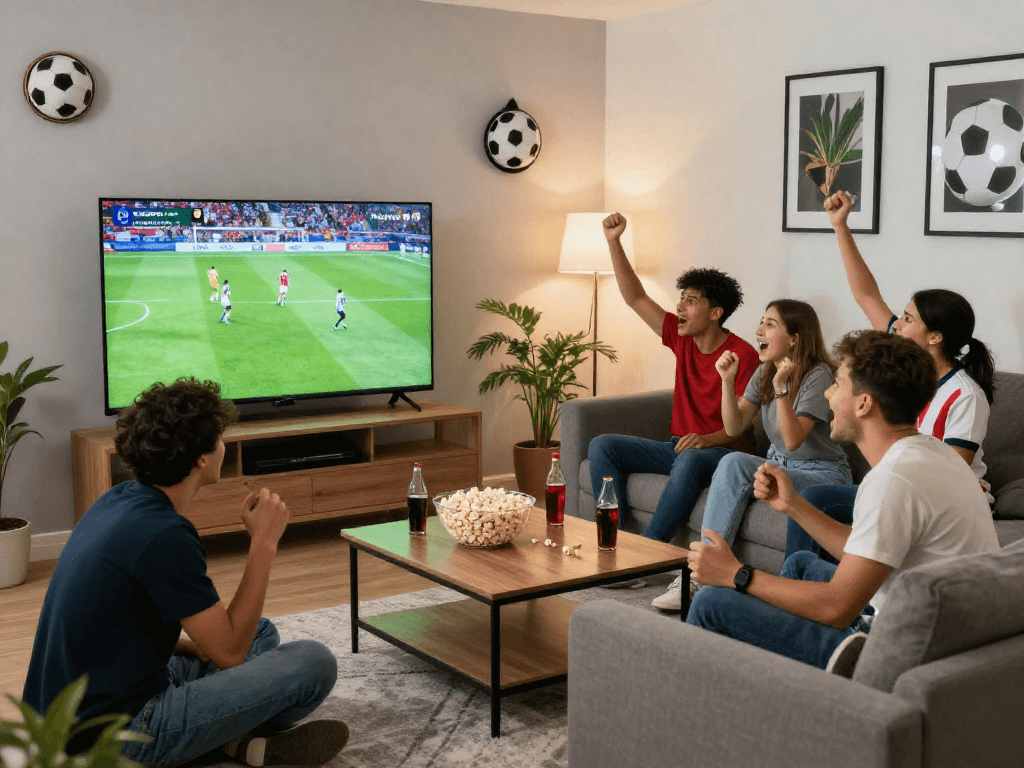 Friends enjoying a live soccer match on Rakhoi TV in a lively living room.