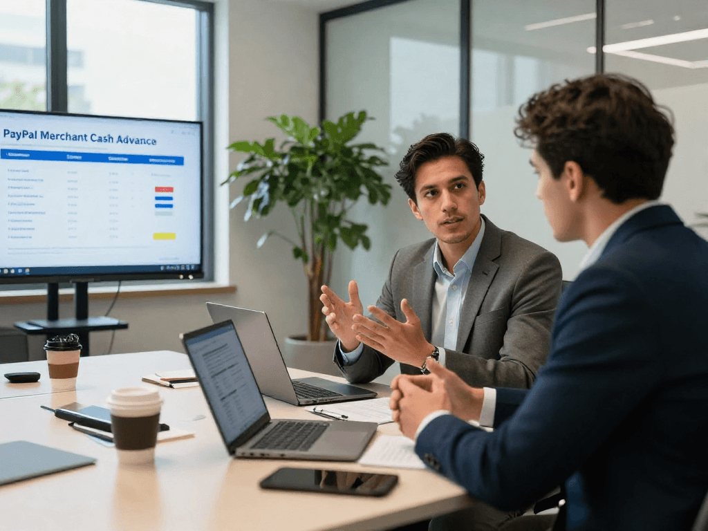 Explore PayPal merchant cash advance options in a collaborative business setting with professionals reviewing funding solutions.