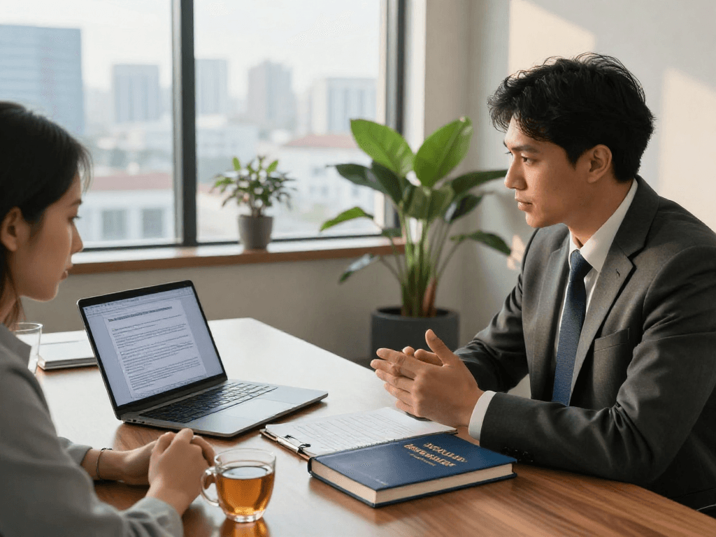 Attorney explains merchant cash advance lawsuit details to business owner in modern office.
