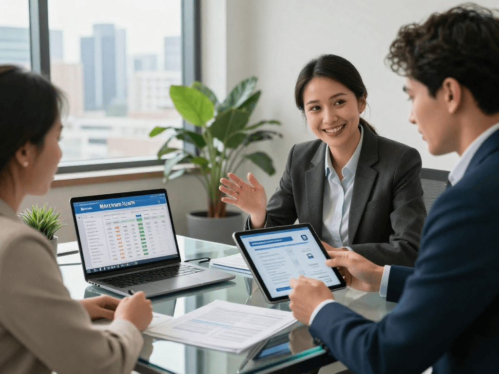 PayPal merchant cash advance consultation with advisor and client in modern office